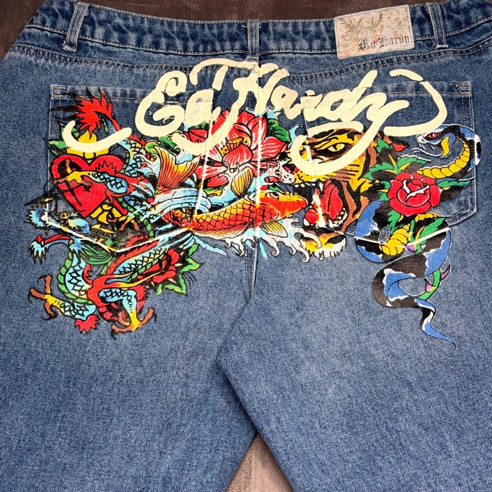 Ed Hardy Jeans Mens 34 Blue Light Wash Tattoo Tiger Distressed Baggy Y2K Denim